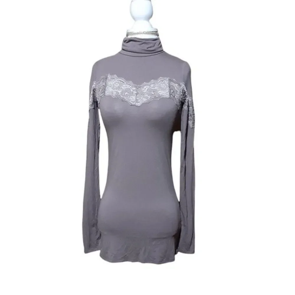 Free People Women’s Lace Trim Turtleneck Blouse Top Taupe Size XS